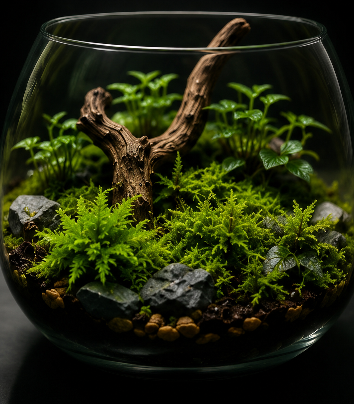 Premium moss terrarium with branching wood, stones and vivid green moss under glass.