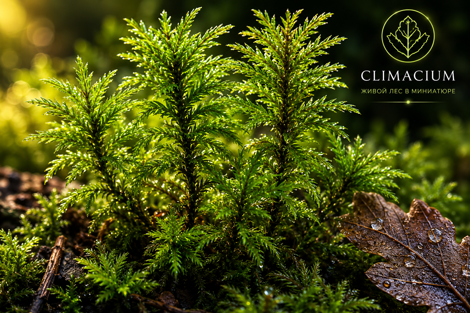 Sunlit colony of Climacium dendroides with the Climacium brand mark.